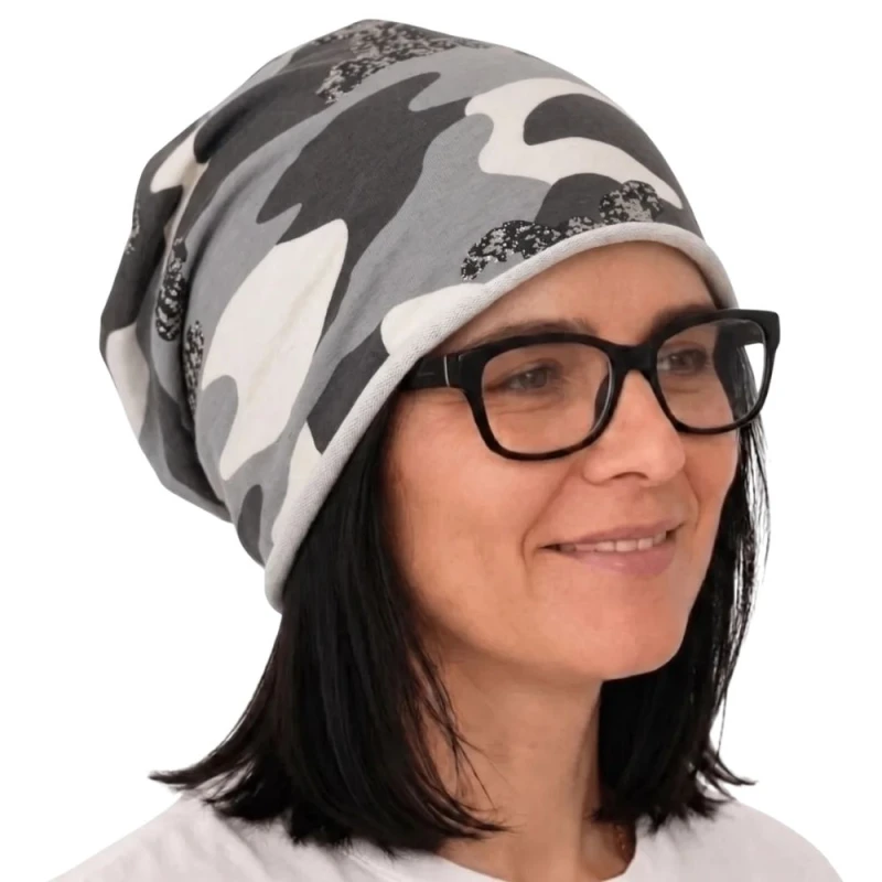 Czapka damska Beanie włoska cienka smerfetka kremowo-szara moro