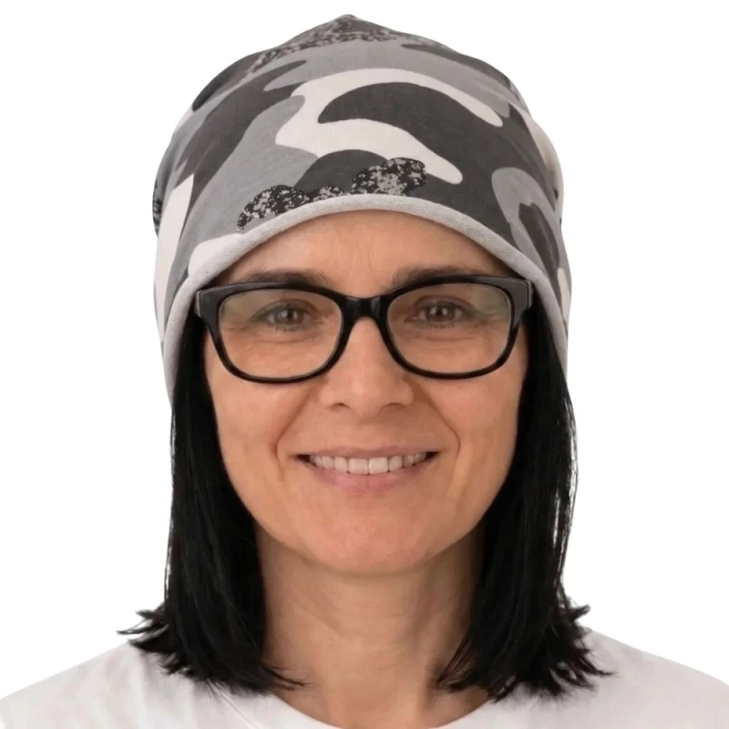 Czapka damska Beanie włoska cienka smerfetka kremowo-szara moro