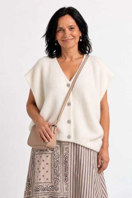 Sweter kamizelka damska kremowa 30% baby alpaka ozdobne guziki oversize Italy