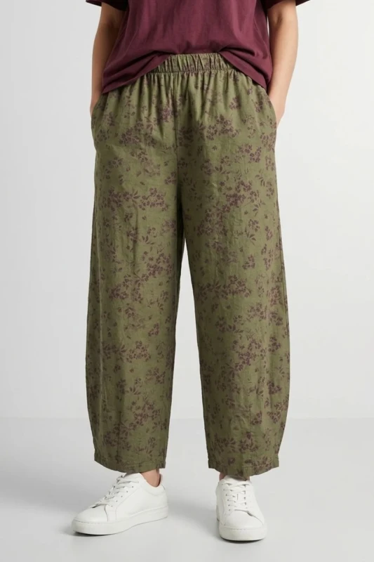 Spodnie damskie khaki w kwiaty baloon luźny krój bawełna Italy