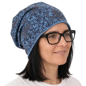 Czapka damska Beanie włoska cienka smerfetka niebieska we wzory 