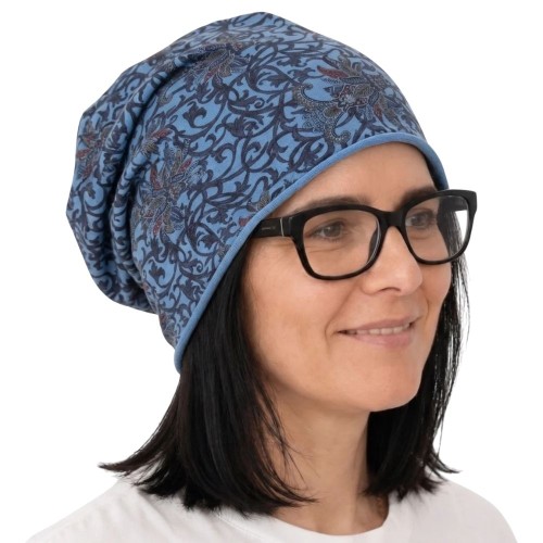 Czapka damska Beanie włoska cienka smerfetka niebieska we wzory