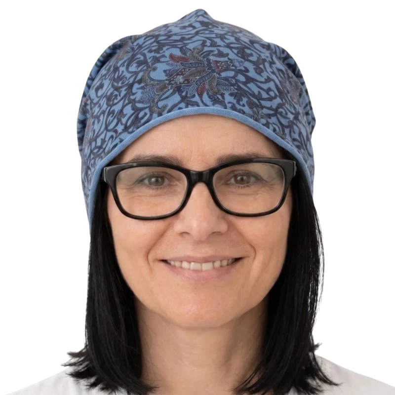 Czapka damska Beanie włoska cienka smerfetka niebieska we wzory