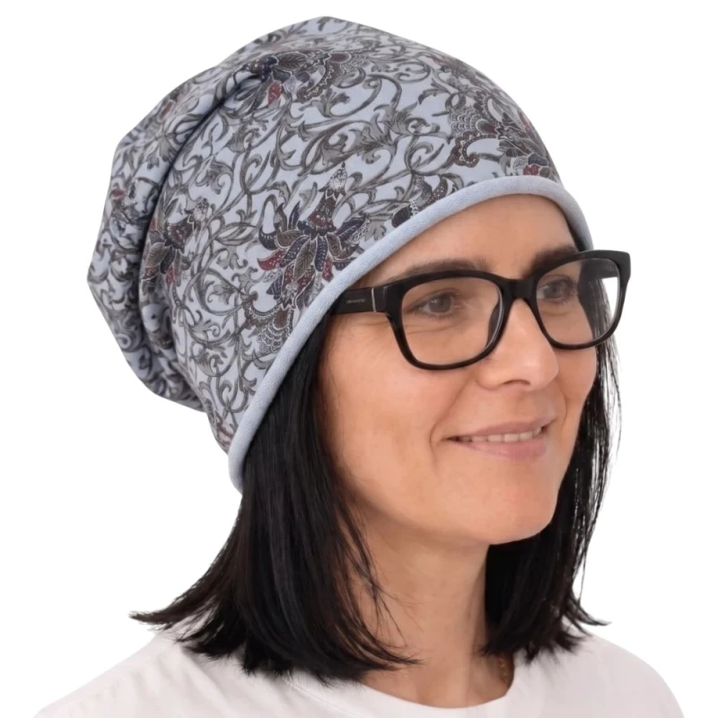 Czapka damska Beanie włoska cienka smerfetka błękitna we wzory