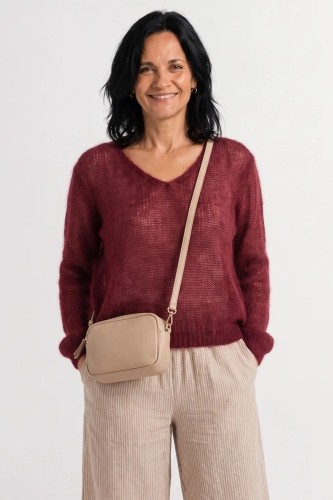 Sweter damski bordowy 60% kid moher dekolt w szpic Made in Italy