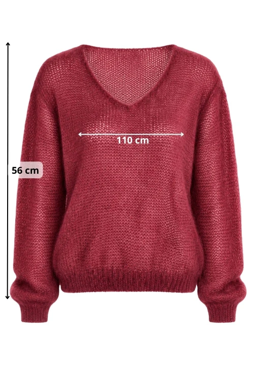 Sweter damski bordowy 60% kid moher dekolt w szpic Made in Italy