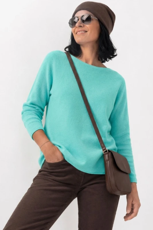 Sweter damski miętowy turkus z przeszyciami dekolt łódka One Size