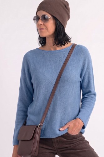 Sweter damski niebieski denim z przeszyciami dekolt łódka One Size