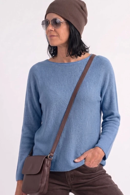 Sweter damski niebieski denim z przeszyciami dekolt łódka One Size