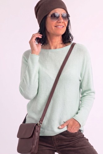 Sweter damski jasna mięta z przeszyciami dekolt łódka One Size