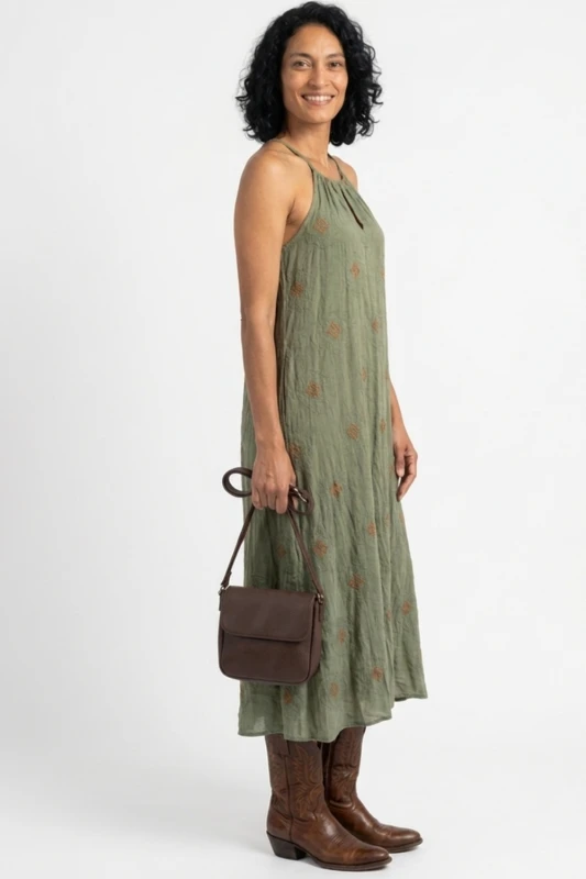 Sukienka damska maxi khaki w romby 100% bawełna Made in Italy