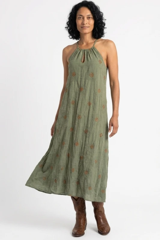Sukienka damska maxi khaki w romby 100% bawełna Made in Italy
