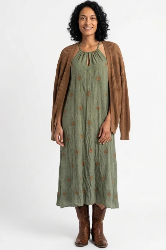 Sukienka damska maxi khaki w romby 100% bawełna Made in Italy
