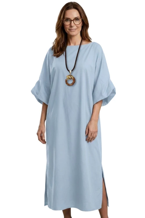 Sukienka Maxi Oversize Błękitna z Szerokim Rękawem – Made in Italy