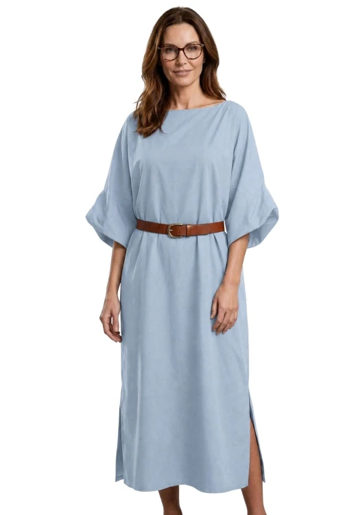 Sukienka Maxi Oversize Błękitna z Szerokim Rękawem – Made in Italy
