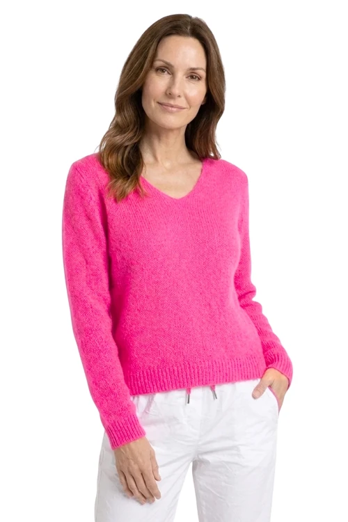 Sweter damski różowy 30% moher dekolt V Made in Italy