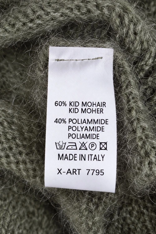 Sweter damski khaki 60% kid moher dekolt w szpic Made in Italy