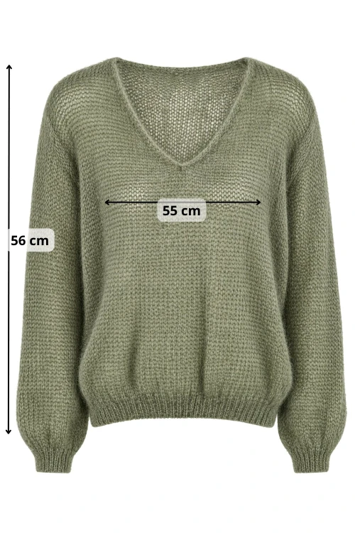 Sweter damski khaki 60% kid moher dekolt w szpic Made in Italy