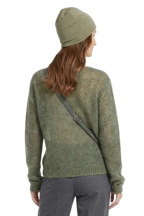 Sweter damski khaki 60% kid moher dekolt w szpic Made in Italy