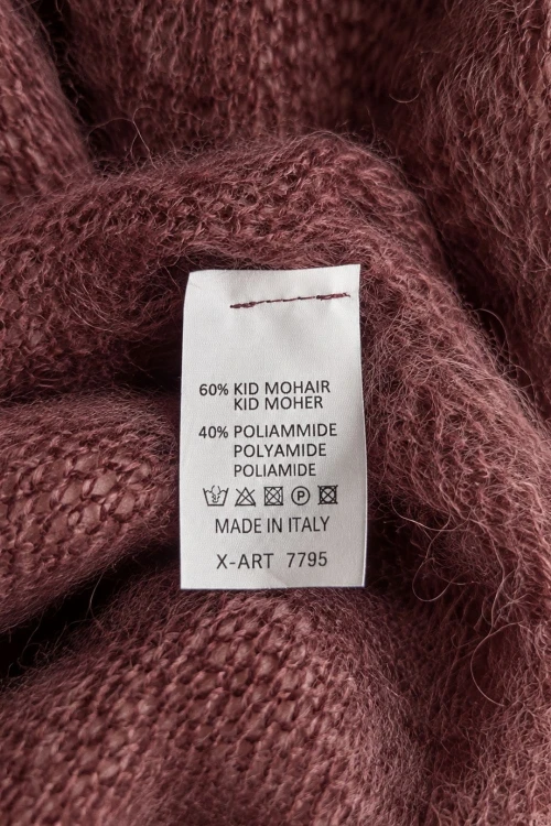 Sweter damski czekoladowy 60% kid moher dekolt w szpic Made in Italy