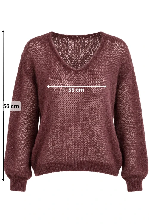 Sweter damski czekoladowy 60% kid moher dekolt w szpic Made in Italy