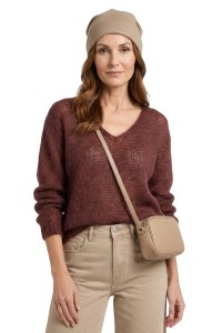 Sweter damski czekoladowy 60% kid moher dekolt w szpic Made in Italy