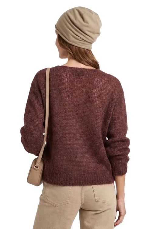 Sweter damski czekoladowy 60% kid moher dekolt w szpic Made in Italy
