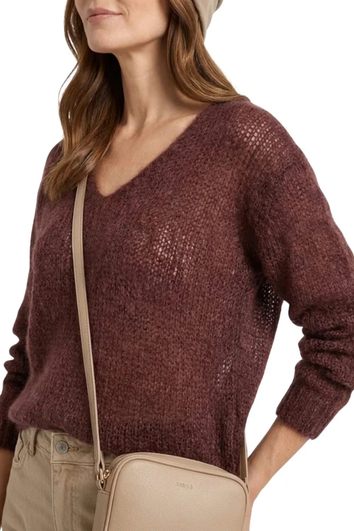 Sweter damski czekoladowy 60% kid moher dekolt w szpic Made in Italy