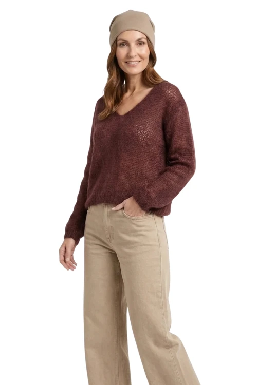 Sweter damski czekoladowy 60% kid moher dekolt w szpic Made in Italy