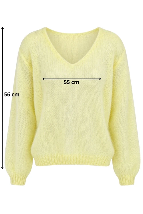 Sweter damski pastelowy żółty 60% kid moher dekolt w szpic Made in Italy