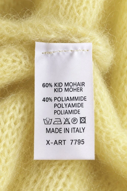 Sweter damski pastelowy żółty 60% kid moher dekolt w szpic Made in Italy