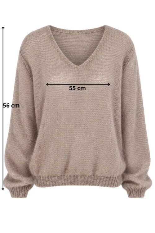 Sweter damski beżowy 60% kid moher dekolt w szpic Made in Italy