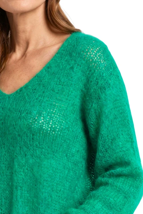 Sweter damski zielony 60% kid moher dekolt w szpic Made in Italy