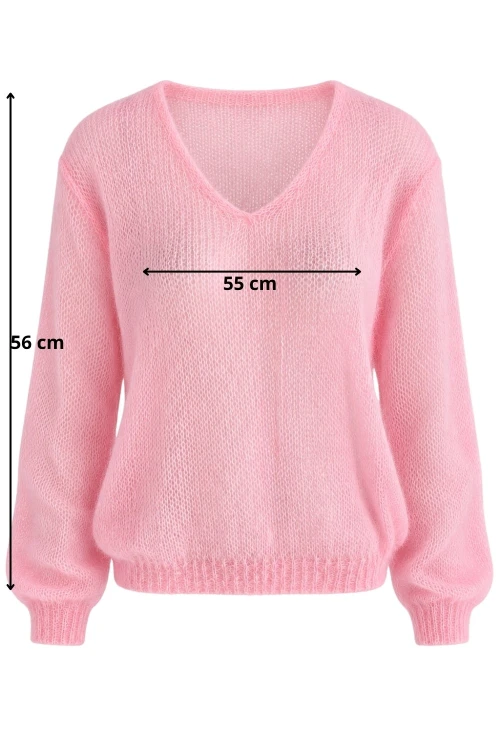 Sweter damski pudrowy róż 60% kid moher dekolt w szpic Made in Italy