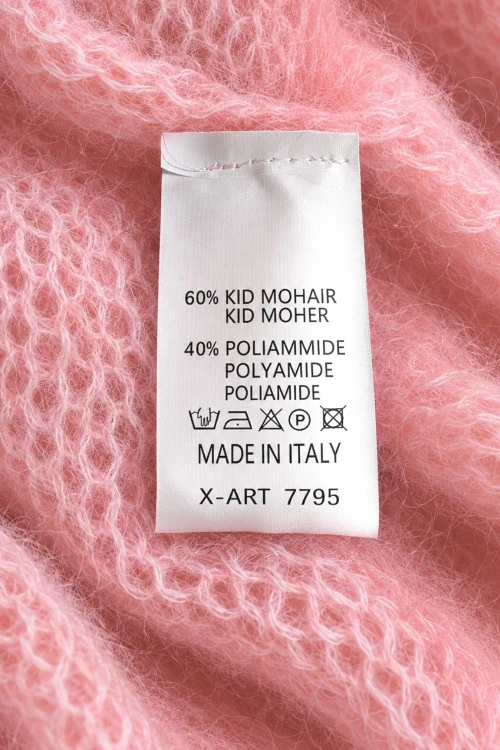 Sweter damski pudrowy róż 60% kid moher dekolt w szpic Made in Italy