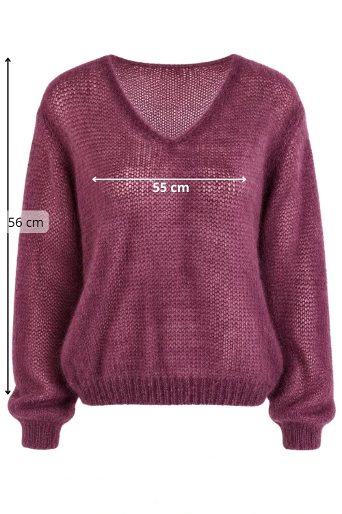 Sweter damski śliwkowy 60% kid moher dekolt w szpic Made in Italy