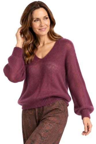 Sweter damski śliwkowy 60% kid moher dekolt w szpic Made in Italy