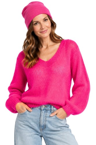 Sweter damski neonowy róż 60% kid moher dekolt w szpic Made in Italy