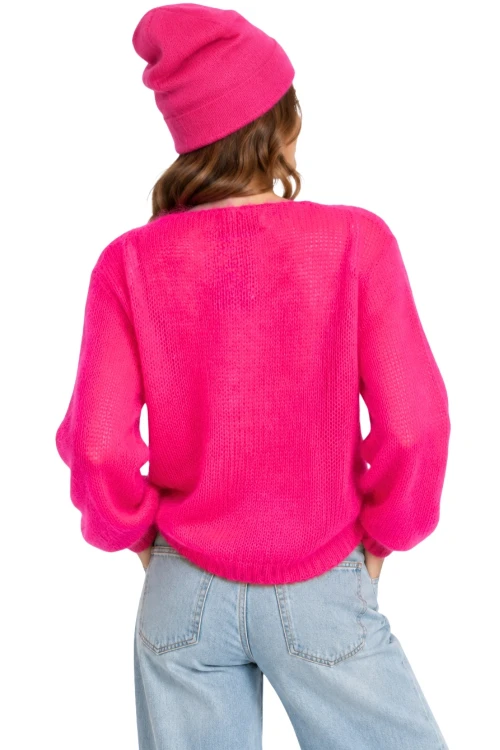 Sweter damski neonowy róż 60% kid moher dekolt w szpic Made in Italy