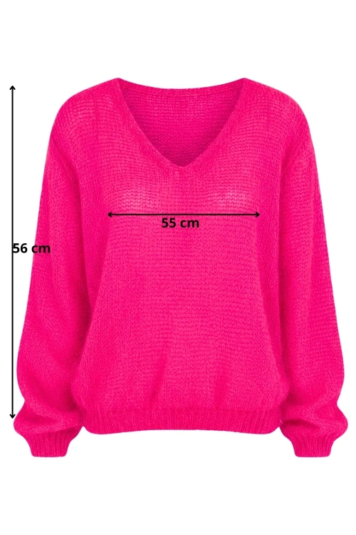 Sweter damski neonowy róż 60% kid moher dekolt w szpic Made in Italy