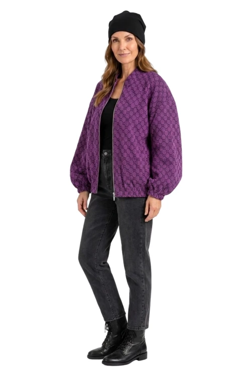 Bluza narzutka damska bomberka fioletowa we wzory oversize Made in Italy