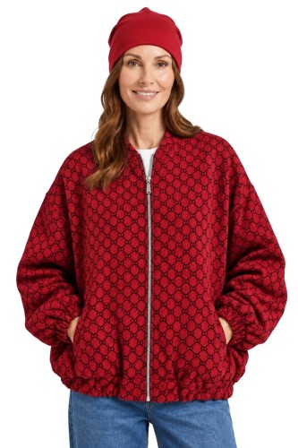 Bluza narzutka damska bomberka czerwona we wzory oversize Made in Italy