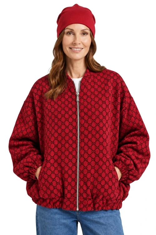 Bluza narzutka damska bomberka czerwona we wzory oversize Made in Italy