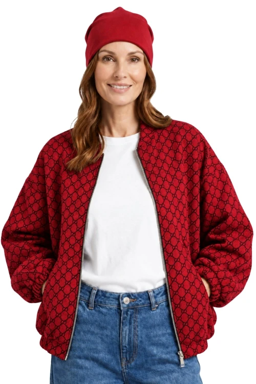 Bluza narzutka damska bomberka czerwona we wzory oversize Made in Italy