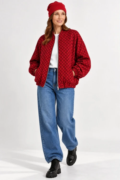 Bluza narzutka damska bomberka czerwona we wzory oversize Made in Italy