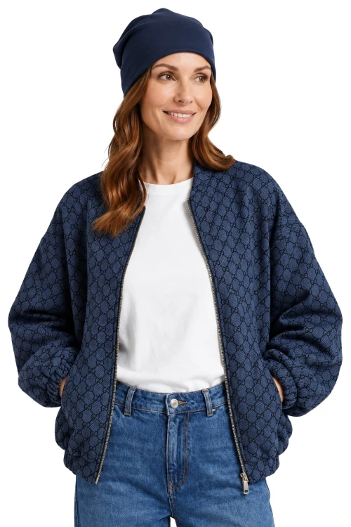 Bluza narzutka damska bomberka granatowa we wzory oversize Made in Italy