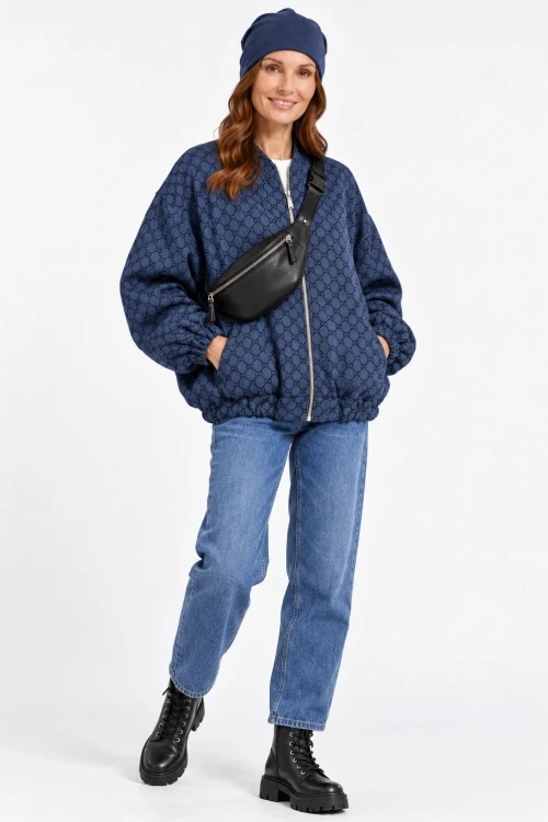 Bluza narzutka damska bomberka granatowa we wzory oversize Made in Italy
