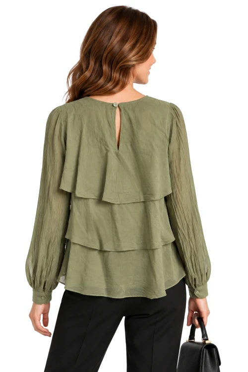 Bluzka damska khaki elegancka z falbanami 100% bawełna Made in Italy
