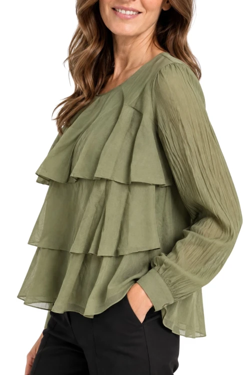 Bluzka damska khaki elegancka z falbanami 100% bawełna Made in Italy
