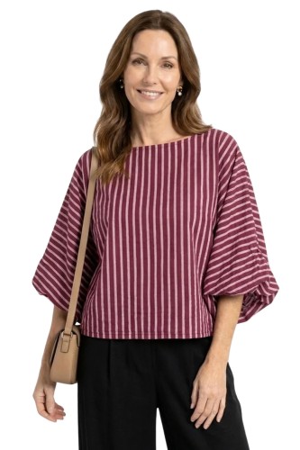 Bluzka damska bordowa w paski nietoperz oversize 100% bawełna Italy